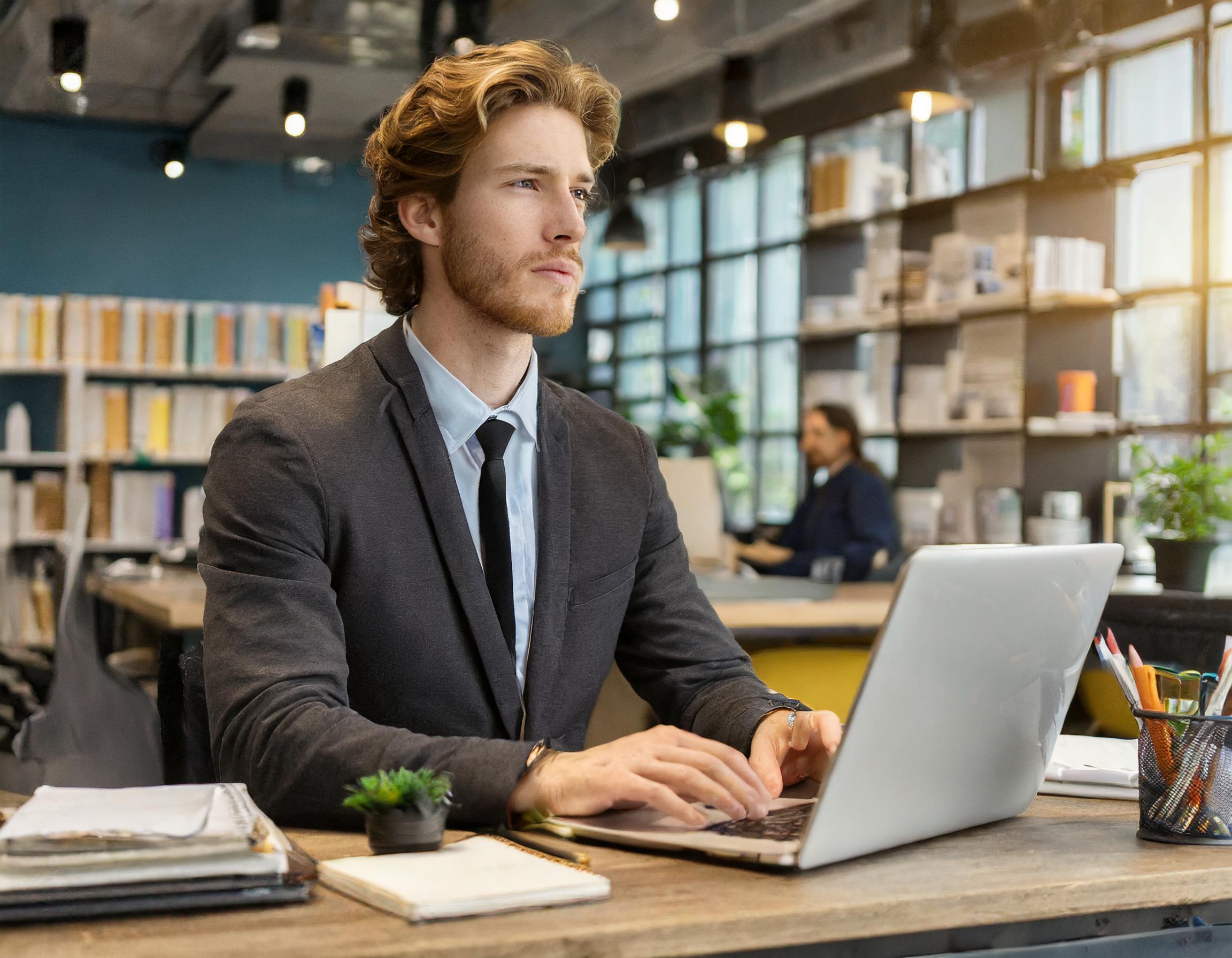 Modernes Büro mit Technologie im Fokus, professioneller und seriöser Stil